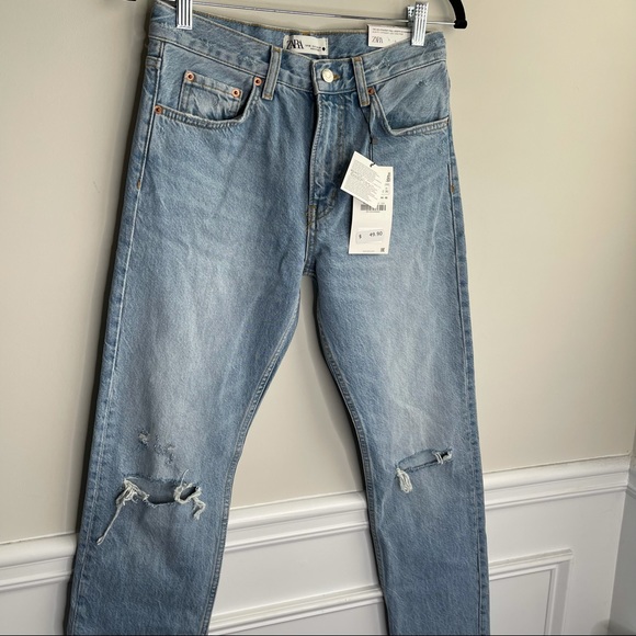 Zara straight distressed high rise full length blue jeans size 4 - Picture 3 of 10